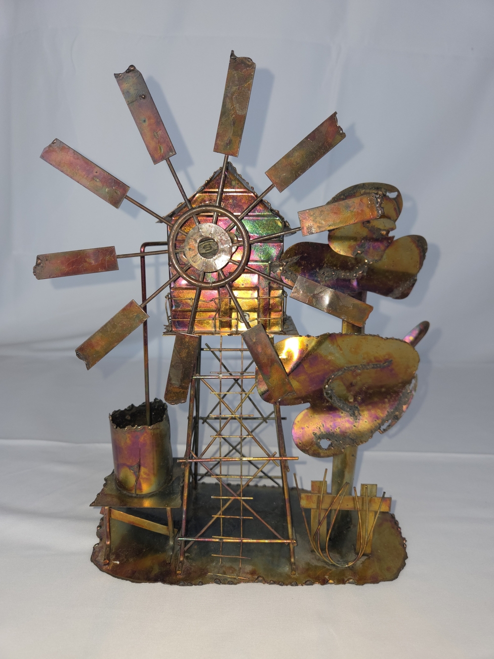 Music Box..Iridescent Multicolor Metal Windmill Sculpture